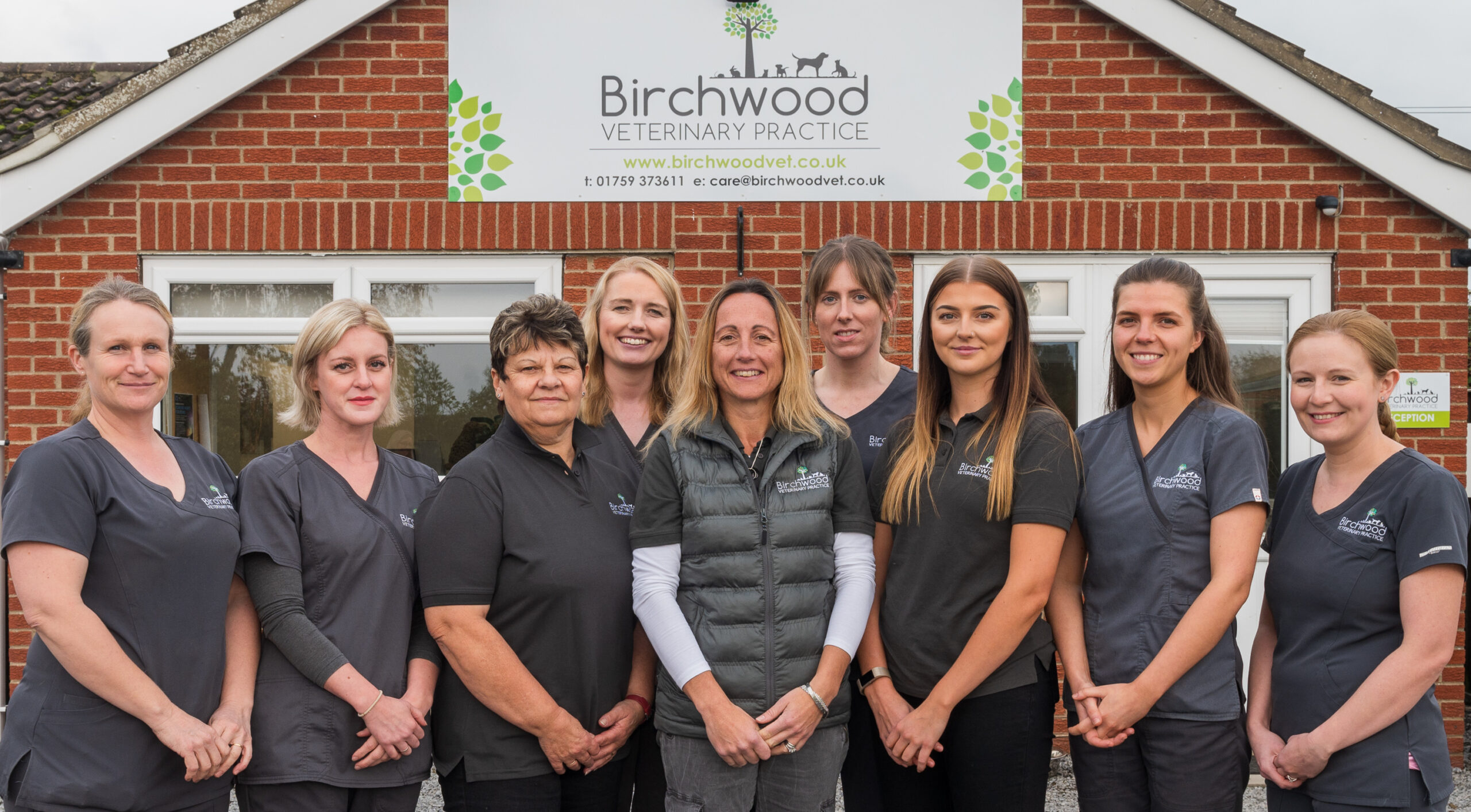 team 042_Birchwood_Oct 23 Birchwood Veterinary Practice team stood in front of the surgery